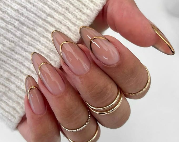 Handmade Nude Almond Press On Nails, Minimal Gold Line, Chic Fake Nails