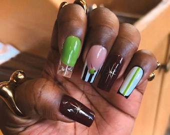 Martini Olive Press On Nails: Long Square 3D Charm Nail Art, Handmade Press on Nails