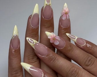3D Floral Press On Nails: Long Almond French Tip, Butter Yellow French, Handmade Nail Set