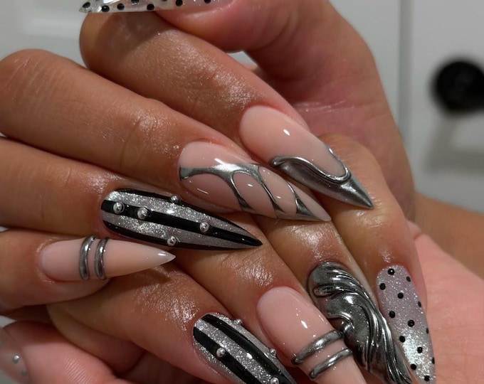 3D Silver Chrome Press On Nails, Black Glitter Stripe Handmade Nails, Y2K Polka Dot Party Fake Nails, Long Stiletto Goth Acrylic Nails