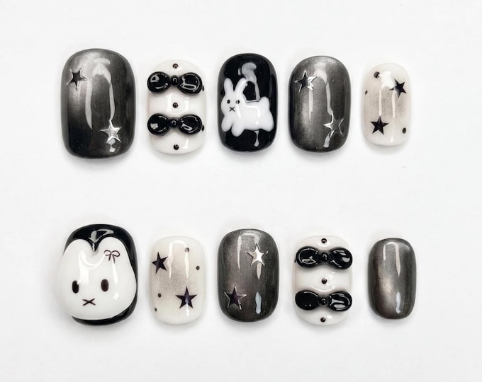 Handmade Kawaii Bunny Press On Nails, Black White Bow Star Art (Reusable Set)
