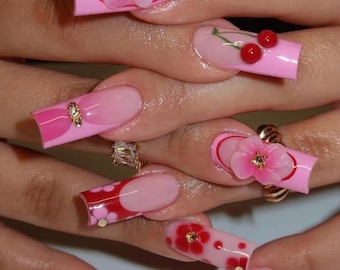 Valentine’s Day Press On Nails | Pink Cherry Flower Nails | Coquette Kawaii Nails | 3D Floral Press On Nails Gift, Long Squre Nail