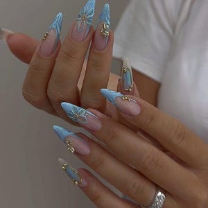 Baby Blue 3D Flower Gel Press On Nails with Gold Chrome Details – Long Almond Elegant Handmade Nail Set, Chic & Classy Reusable Nails, Gift