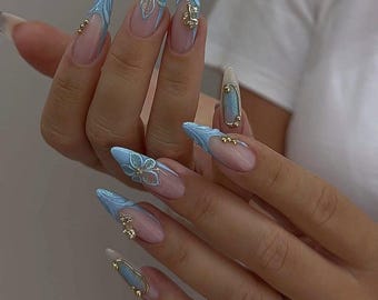 Baby Blue 3D Flower Press On Nails: Gold Chrome Long Almond Handmade Nail Set