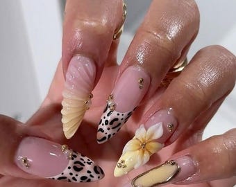 Leopard Shell Floral Press On Nails Long Almond, Handmade 3D Gold Plumeria Boho Fake Nails, Luxury Safari Glam Nails for Birthday Vacation