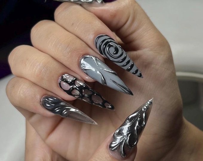 3D Gold Chrome Press On Nails | Sculpted Metal Art Stiletto Reusable Nails