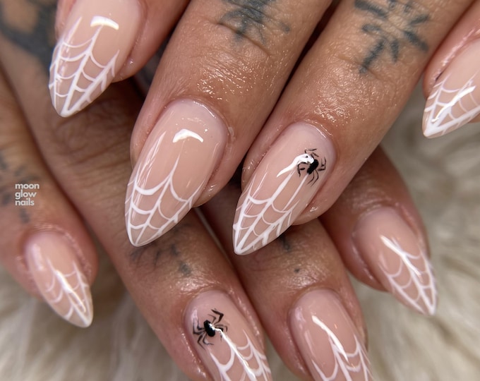 Nude Spider Web Press On Nails, White Line Art Almond Fake Nails, Minimal Halloween Nail Set