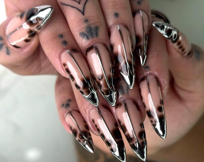 Featured listing image: Nude Chrome Stiletto Press On Set | Silver Edge Tips with Abstract Pattern | Y2K Luxury Aesthetic | Handmade Custom Nails