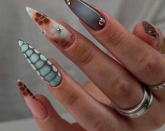 Long Stiletto Artistic Press On Nails | Mint & Brown Gradient Design with Silver Studs | Modern Reptile Texture | Unique Handmade Nail Set