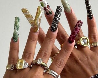 Artistic Mixed Design Press On Set, 3D Sculpted Details with Gold Accents, Luxury Editorial Y2K Style | Handmade Custom Art, Square Nail Set