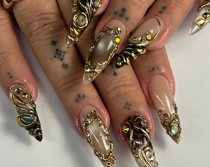 Luxury 3D Metallic Press On Nails | Gothic Silver Gold Sculpted Nail Art | Handmade Designer Statement Nails, Gift for Her, Stiletto Nails
