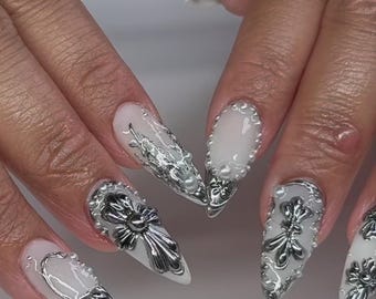 White Press On Nails: Silver Chrome Cross, 3D Gothic Almond Nail Art