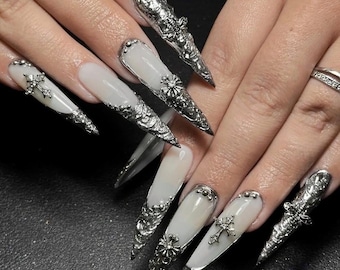 Luxury Gothic Silver Stiletto Press On Nails, Chrome Metal Cross Design, Y2K Dark Aesthetic Fake Nails Set, XL stiletto Press Ons, Gift
