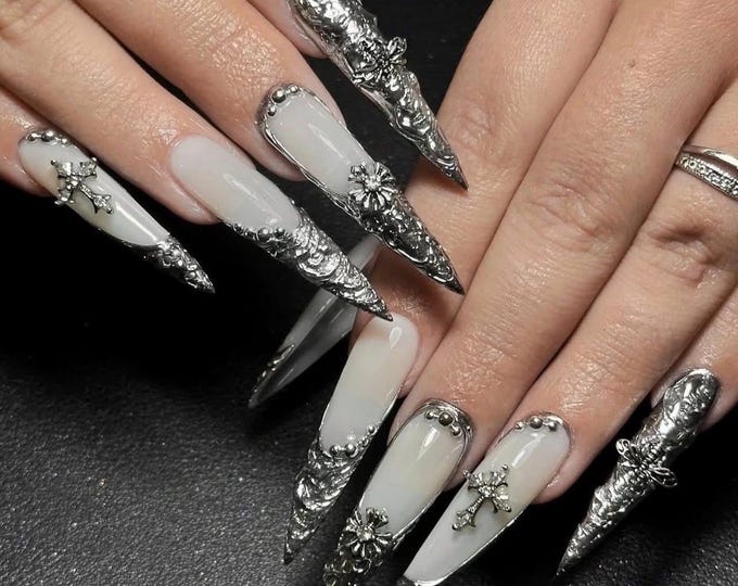 Luxury Gothic Press On Nails, Silver Chrome Cross, Y2K Stiletto