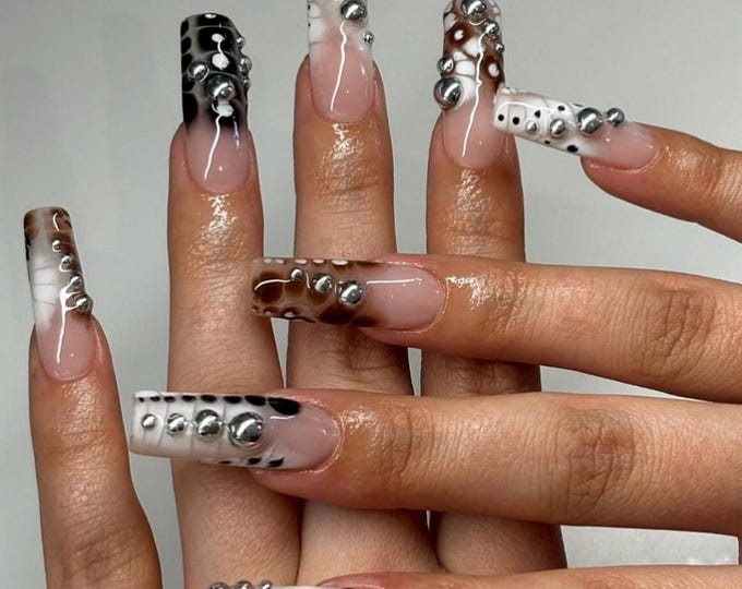 Gothic Blooming Press On Nails Long Coffin Nails, Handmade 3D Silver Stud Fake Nails, Y2K Baddie Edgy Nails for Party Birthday, Emo Nails