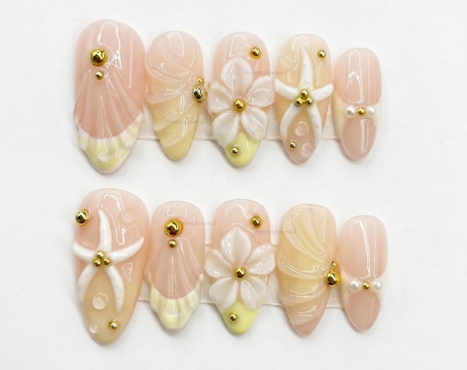 Starfish Bloom Elegance Press On Nails Short Almond Nails | Handmade 3D Floral Shell Nails | Beach Wedding Bridal Nails | Gift for Her