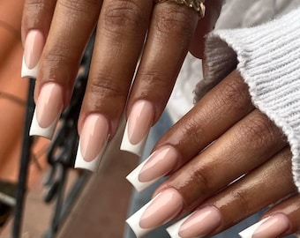 White French Tip Press On Nails: Elegant Square Fake Nails
