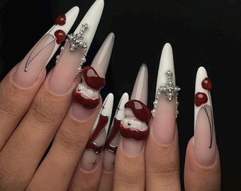 XL White Stiletto Press On Nails: 3D Cherry, Cross & Rhinestone Gothic Nail Set