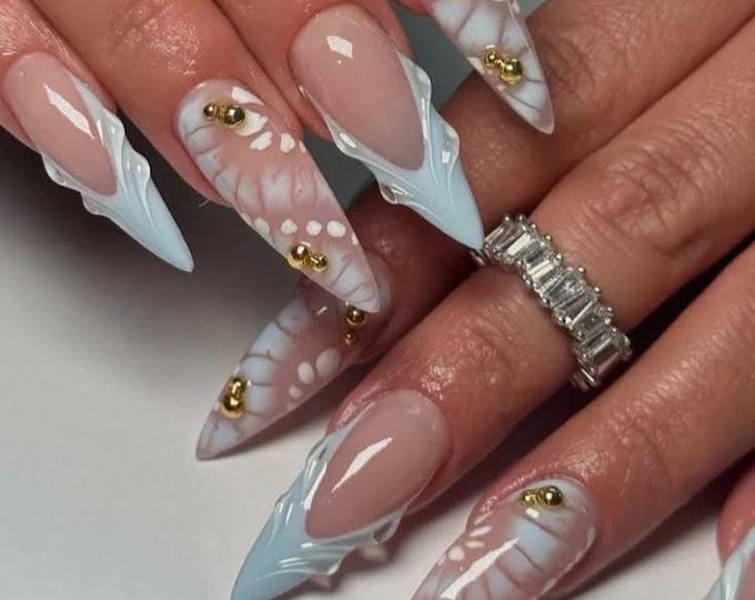 Blue Butterfly French Press On Nails Long Stiletto, Handmade 3D Sculpted Wing Fake Nails, Fairycore Bridal Nails for Wedding Birthday