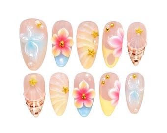 3D Floral Press On Nails/ Ocean Design Nails/ Medium Almond Nails/ Summer shell nails/ Elegant nails/Yellow pink nails/ Birthday Gift Nails