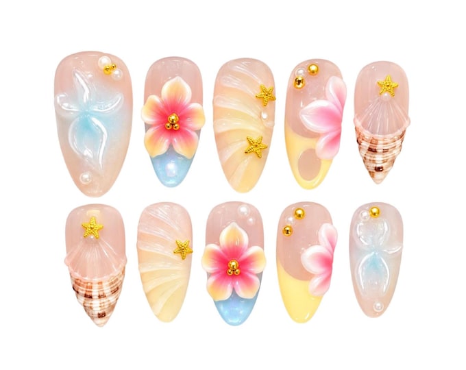 3D Floral Press On Nails/ Ocean Design Nails/ Medium Almond Nails/ Summer shell nails/ Elegant nails/Yellow pink nails/ Birthday Gift Nails