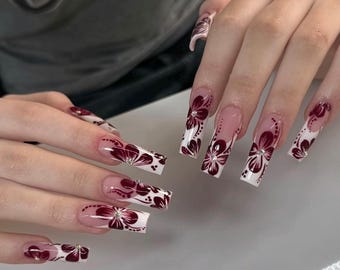 Burgundy Floral French Nails: Long Square Press Ons, Handmade Nail Art