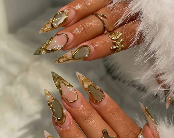 3D Gold Chrome Press On Nails, Long Stiletto Luxury Handmade Nails, Pearl And Clear Birthday Acrylic Nails, Abstract Swirl Fake Nails