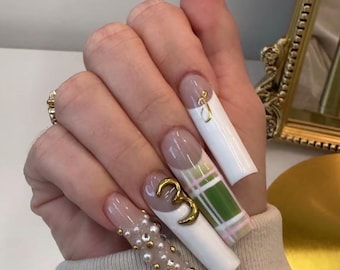 Luxury 3D Birthday Press On Nails, Gold Number Charm Nails, Square Shape White French Tips, Pearl Glam Custom Age Nails, Birthday Queen Set