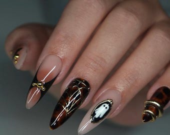 Brown Ombre Halloween Nails with Ghost & Gold Chrome | Long Almond Fall Press On Nails | Handmade Acrylic False Nails
