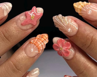 Mermaid Press On Nails: Almond Pearl, 3D Flower & Shell Art
