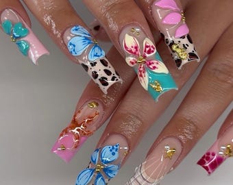 Y2K Leopard Print Press On Nails: 3D Flower Design, Long Square Shape