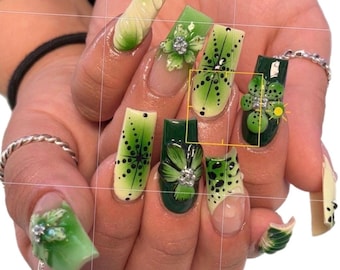 Green Floral Press On Nails | 3D Flower Nails | Lime Green Gradient Nails | Spring Summer Nails | Handmade Custom Nails, Long Square Nails