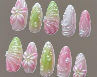 3D Flower Press on Nails, Pink Green Ombre Floral Fake Nails, Handmade Reusable Nails, Spring & Summer Aesthetic Nails, Luxury Gel Glue Ons