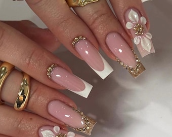 Luxury Bridal Press On Nails | 3D Flower French Tip Nails | Pink & White Gold Crystal Set | Wedding Glam Handmade