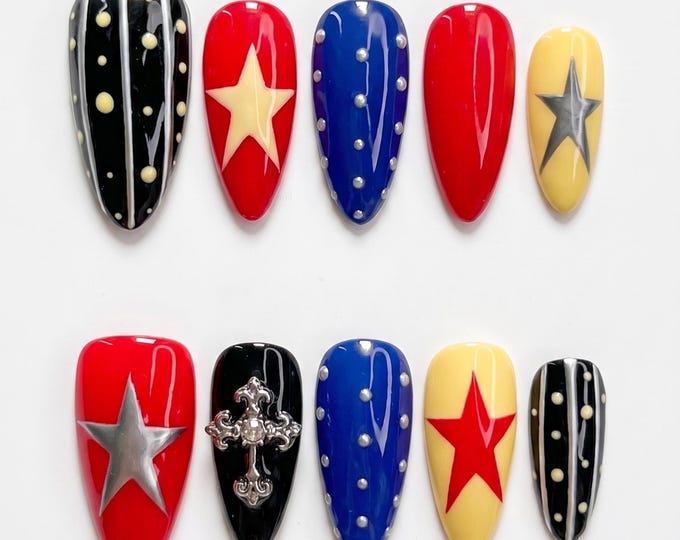 Free Style Y2K Punk Press On Nails Long Almond Nails, Handmade Star Cross Fake Nails, Gothic Grunge Nails for Birthday Party