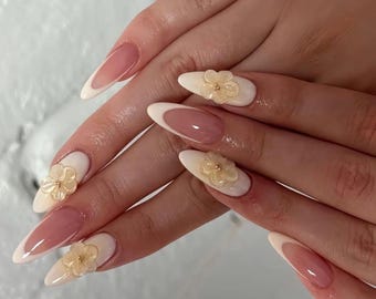 Almond Press On Nails: White French Tip, 3D Flower Pearl Nails
