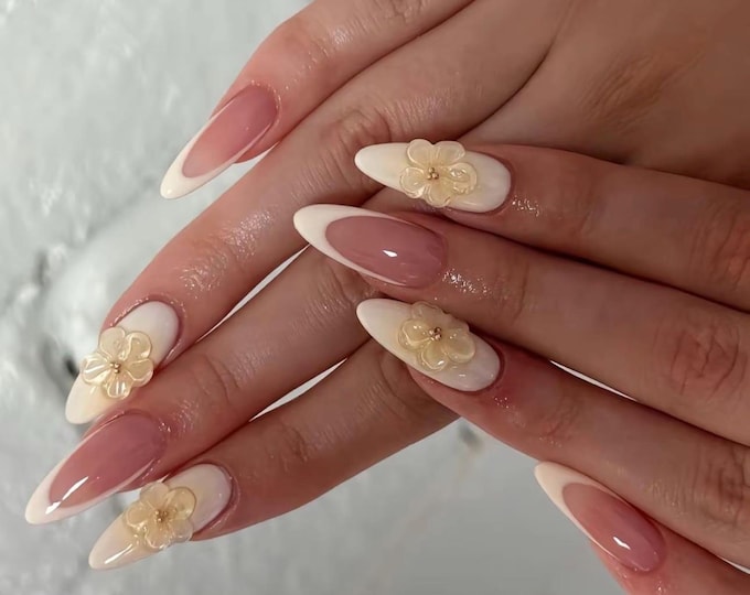 Almond Press On Nails: White Yellow French Tip, 3D Flower Pearl Nails
