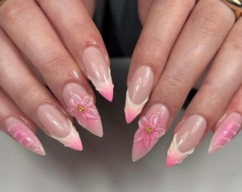 Butter Yellow & Pink Ombre French Nails | Nude Almond Press On Nails with 3D Gel Floral Designs | Soft Colorful Summer Nails, Stiletto Nails