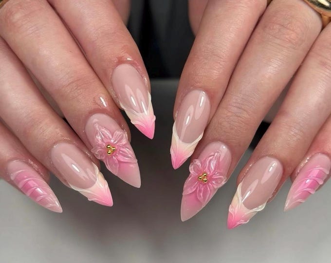 Ombre French Press On Nails | Almond, 3D Floral Gel, Summer Nails