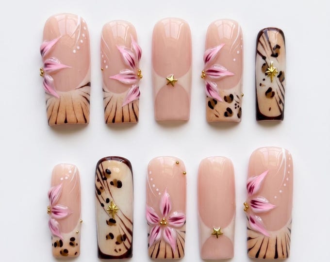 Luxury Zebra Press On Nails | Gold 3D Accent, Summer Gold Nails, 3D Floral Nails, Animal Print Nails, Long Square Nails, Elegant Nails