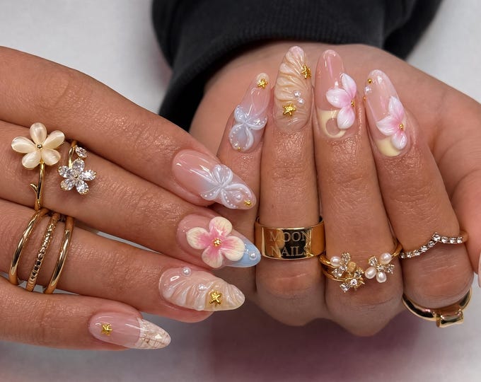 Pastel 3D Flower Shell Press On Nails, Long Almond Fairycore Handmade Nails, Pink Yellow Beach Birthday Acrylic Nails, Pearl Bow Fake Nails