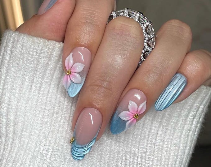 Silver Chrome 3D Gel, Long Stiletto Handmade Press On Nails
