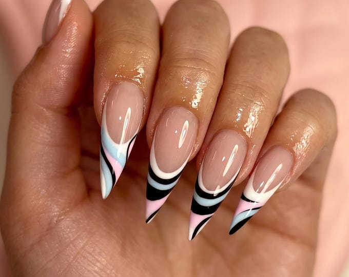 Pink Blue Stripe French Press On Nails Long Stiletto/Abstract French Tips/Y2K Swirl Nails/Retro Multicolor Nails/Baddie Handmade Fake Nails
