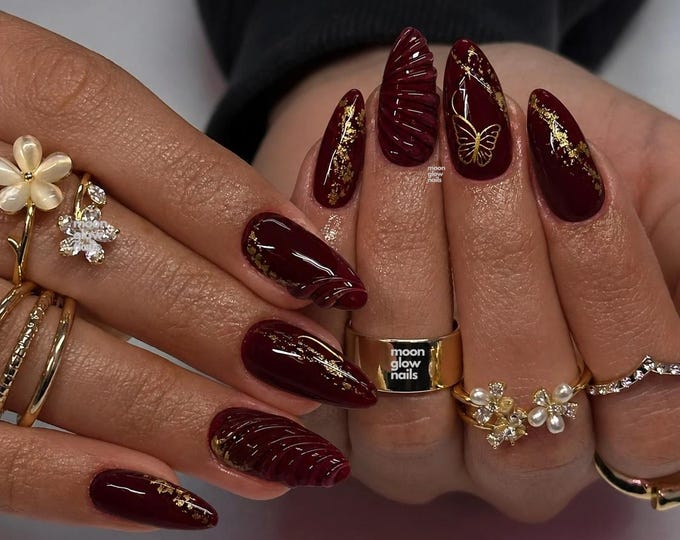 Burgundy Gold Press On Nails, 3D Textured Butterfly Handmade Nails, Dark Red Holiday Acrylic Nails, Elegant Glam Party Fake Nails