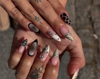 Y2K Zebra Print Press On Nails: Yellow & Black Almond, Silver Beads