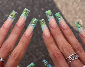 Y2K Swirl French Tip Press On Nails: Lime Green & Blue Ombre, Chrome 3D
