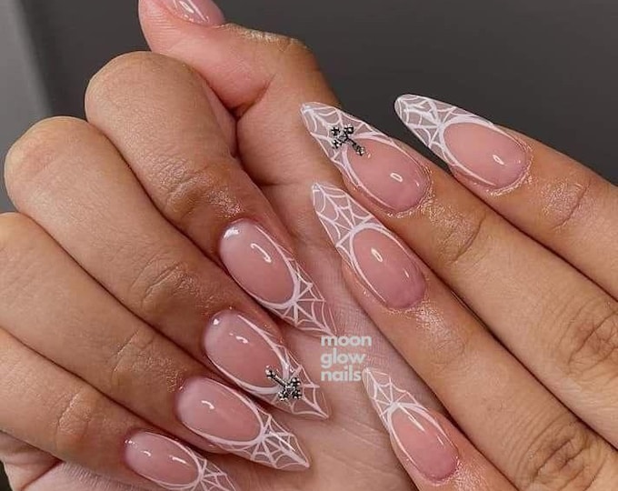 Spiderweb Cross Press On Nails, Halloween Set, Nude Almond Fake Nails, Gothic Glue On Nails, Charm Accent Nails, Spooky Season Gift