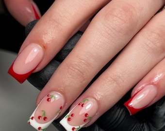 Red & White Cherry Press On Nails: Handmade French Square Nail Set