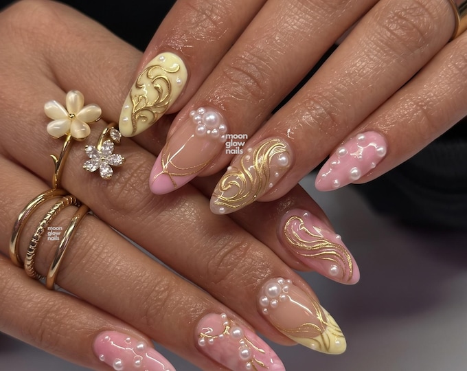 Pink Gold Pearl Press On Nails, Long Almond Coquette Handmade Nails, Yellow Birthday Wedding Acrylic Nails, 3D Baroque Swirl Fake Nails
