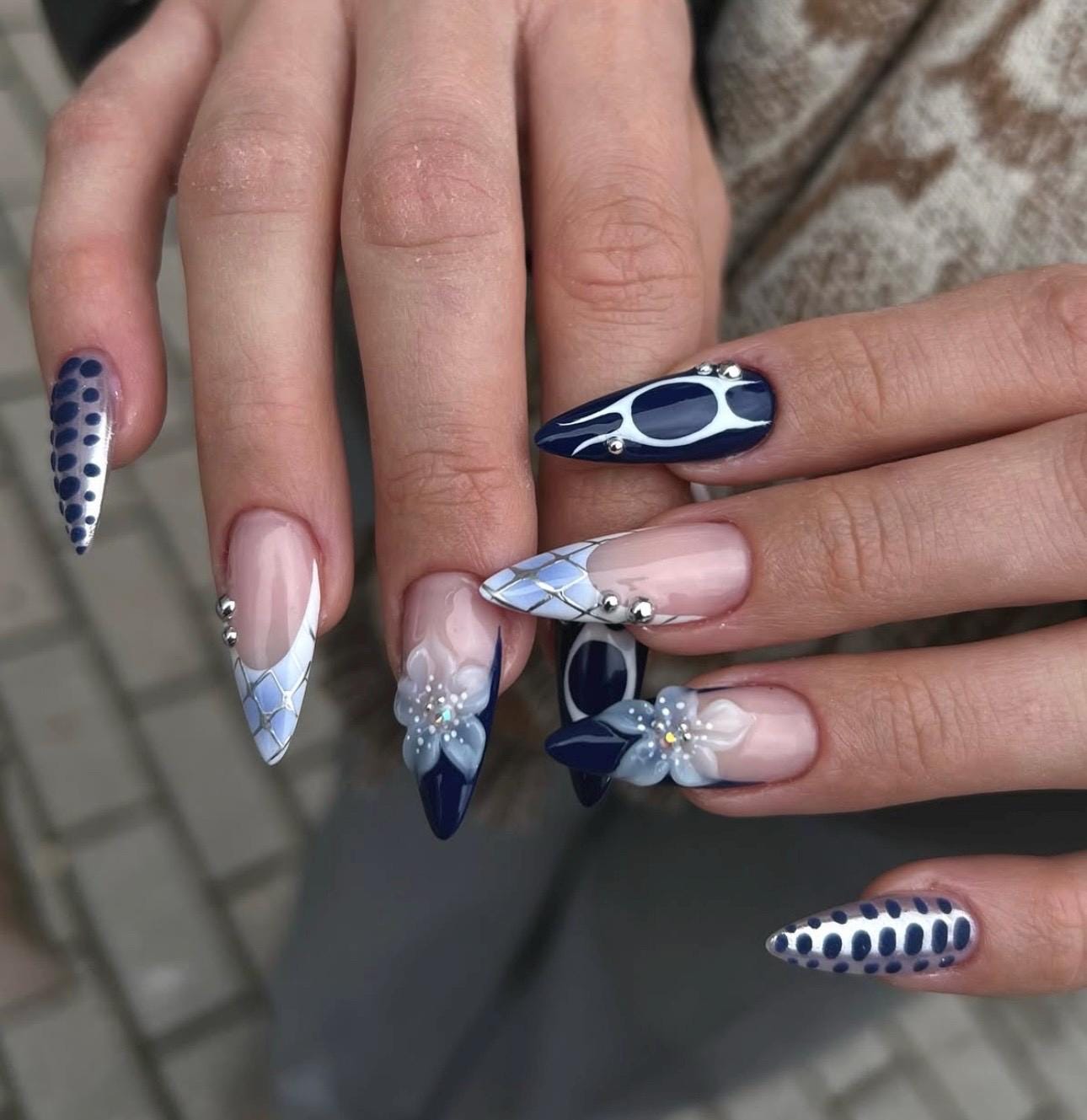 Y2K Press On Nails: Silver Chrome, 3D Flower, Almond Nail Art